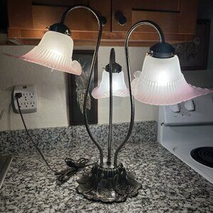 Vintage L&L WMC Brass Lily Lamp Gooseneck 3 Stem Pink Frosted Glass Art Nouveau